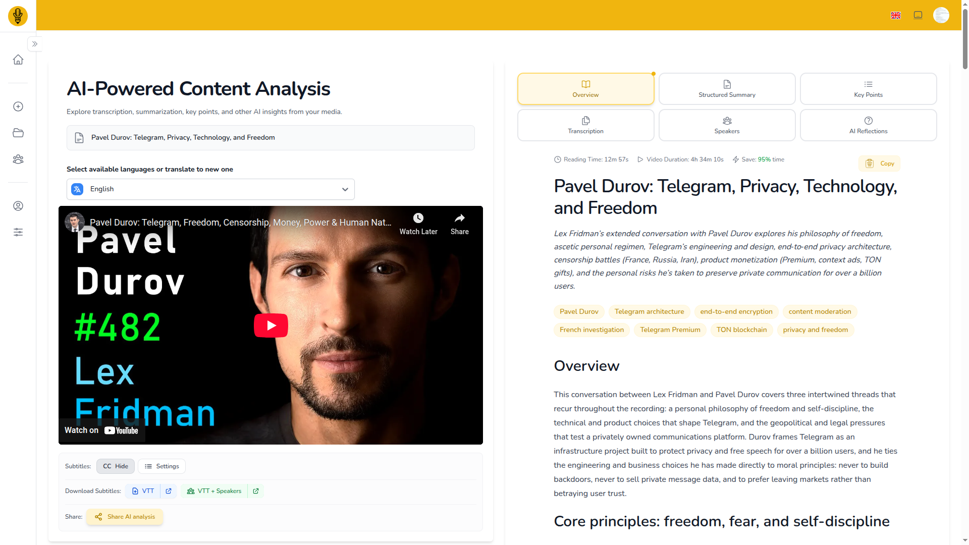 AI analysis dashboard showing keypoints, summaries, Q&A, transcripts, and specialized documents
